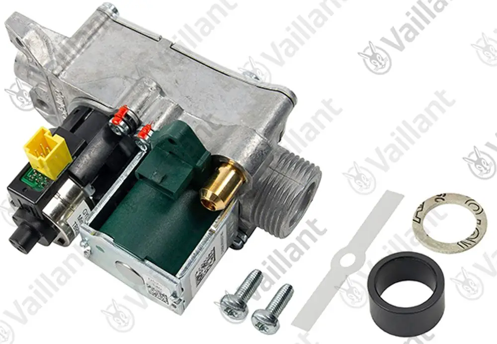 Gasarmatur von Vaillant, bestehend aus einem kompakten Gehäuse mit Anschlüssen, einer Steuerungseinheit und Montagezubehör wie Schrauben und Dichtungsringen.